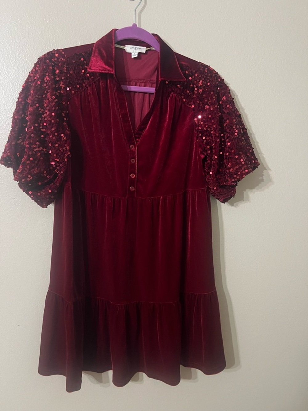 Umgee Burgundy Velvet Mini Dress with Sequin Puff Sleeves
